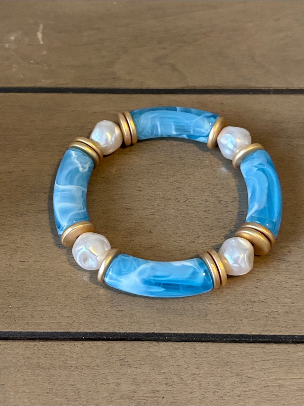 786. Plunder Blue Marbled Acrylic Tube & Pearl-Accent Stretch Bracelet NEW
